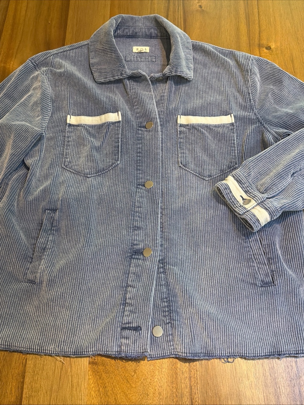 POL Clothing Blue Corduroy Ribbon Detail Shacket Jacket Womens Small EUC HFJ57
